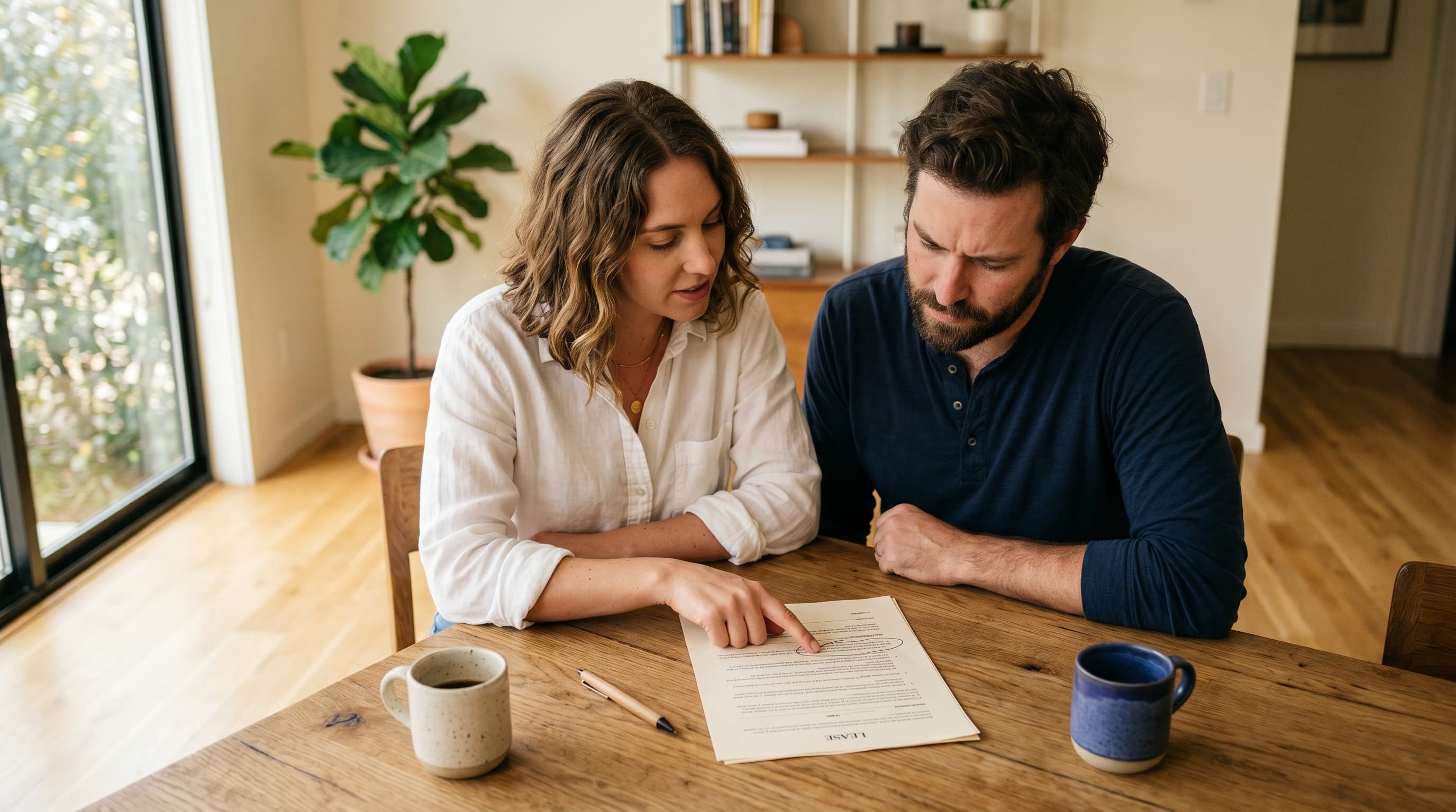 A landlord and tenant sit at a dining table reviewing a printed lease together.