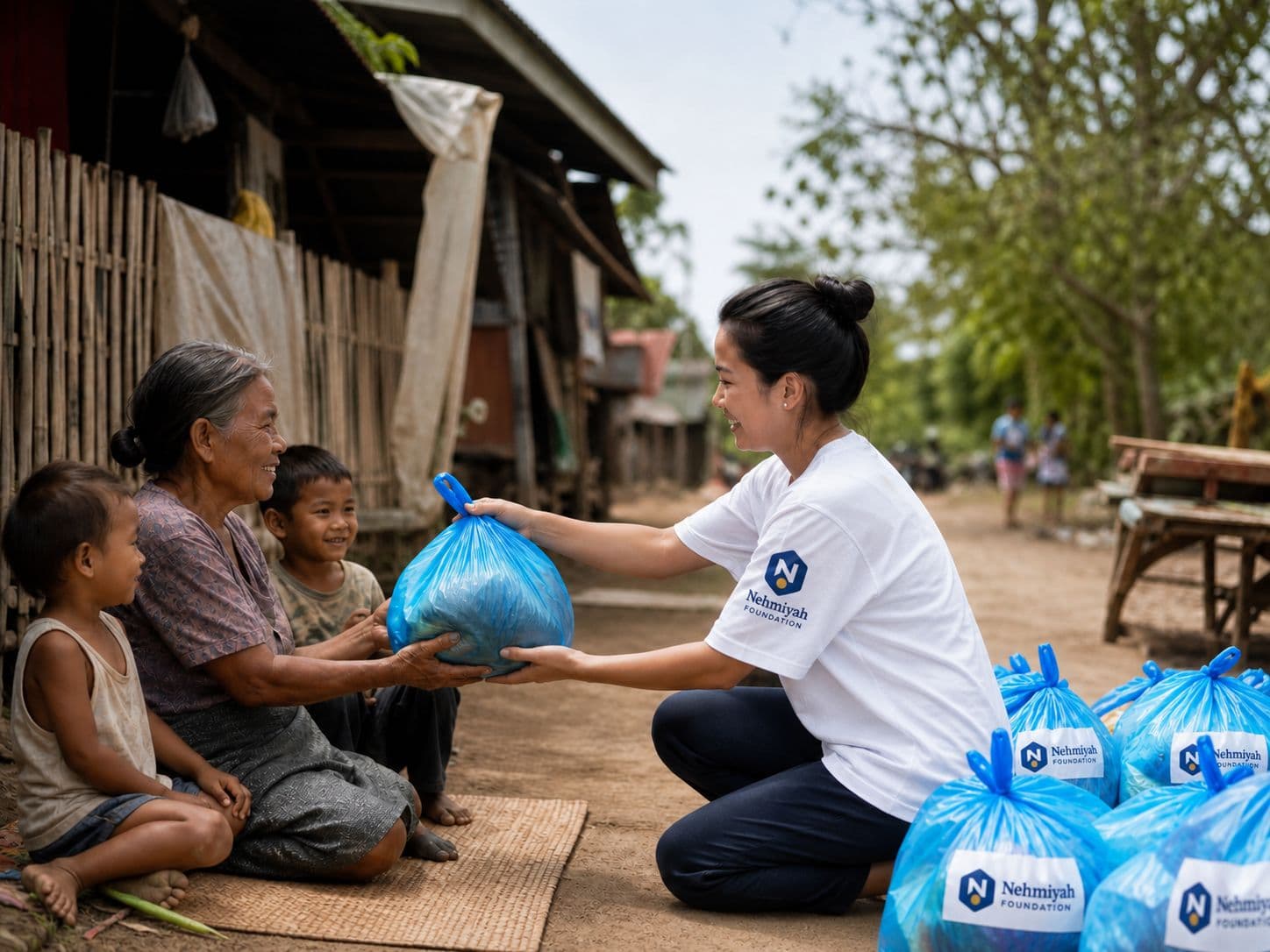 A Nehmiyah Care Program volunteer delivering supplies to a family